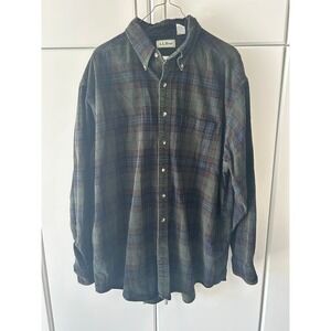 LL Bean Corduroy Shirt Mens XL Tall Green Plaid Button Down Long Sleeve Cotton